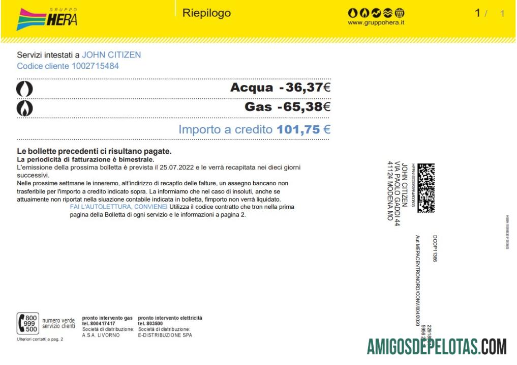 imprimível Conta de serviços públicos do Gruppo Hera da Itália, modelo Word e PDF